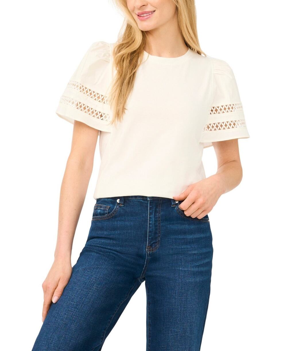 CeCe Women's Combo Trim-Sleeve Crew Neck Top Ivory Size L 0269